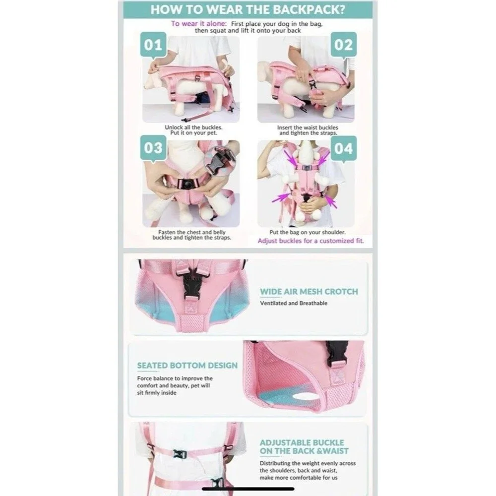Slow Pet Front Dog Carrier Backpack Adjustable Wrap Around Hands Free Pink Small